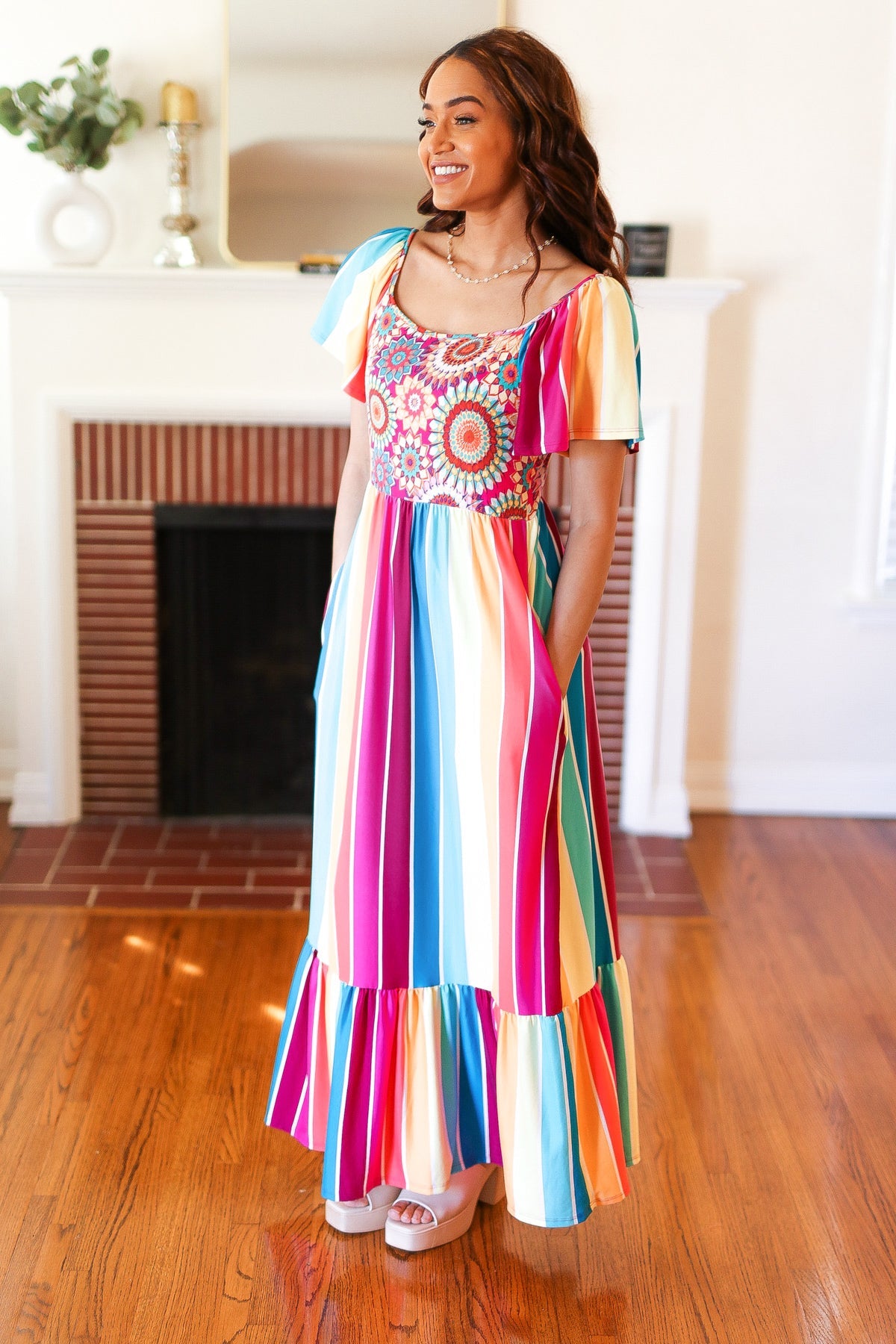 Feeling Bold Fuchsia & Teal Striped Medallion Crochet Print Dress-Modish Lily, Tecumseh Michigan