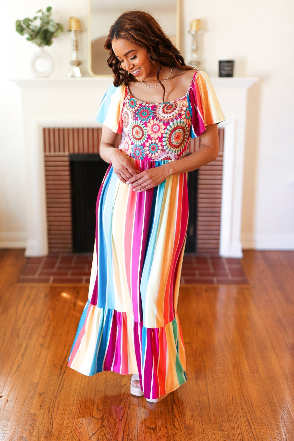 Feeling Bold Fuchsia & Teal Striped Medallion Crochet Print Dress-Modish Lily, Tecumseh Michigan