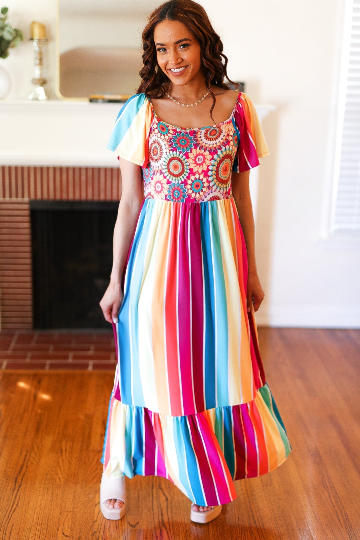 Feeling Bold Fuchsia & Teal Striped Medallion Crochet Print Dress-Modish Lily, Tecumseh Michigan