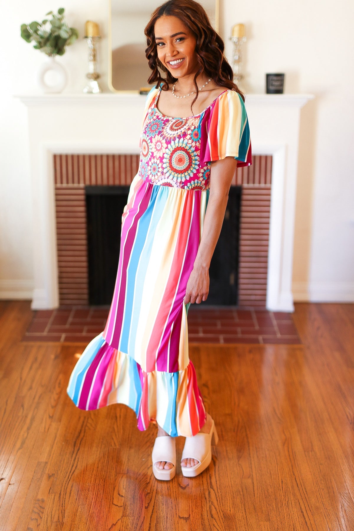 Feeling Bold Fuchsia & Teal Striped Medallion Crochet Print Dress-Modish Lily, Tecumseh Michigan