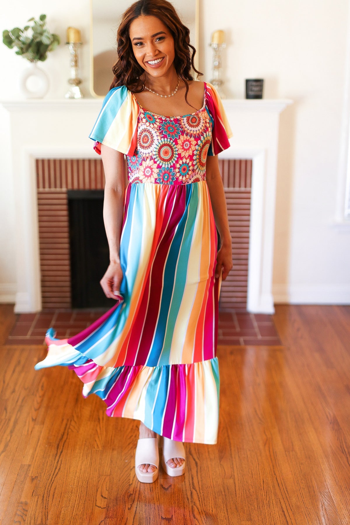 Feeling Bold Fuchsia & Teal Striped Medallion Crochet Print Dress-Modish Lily, Tecumseh Michigan