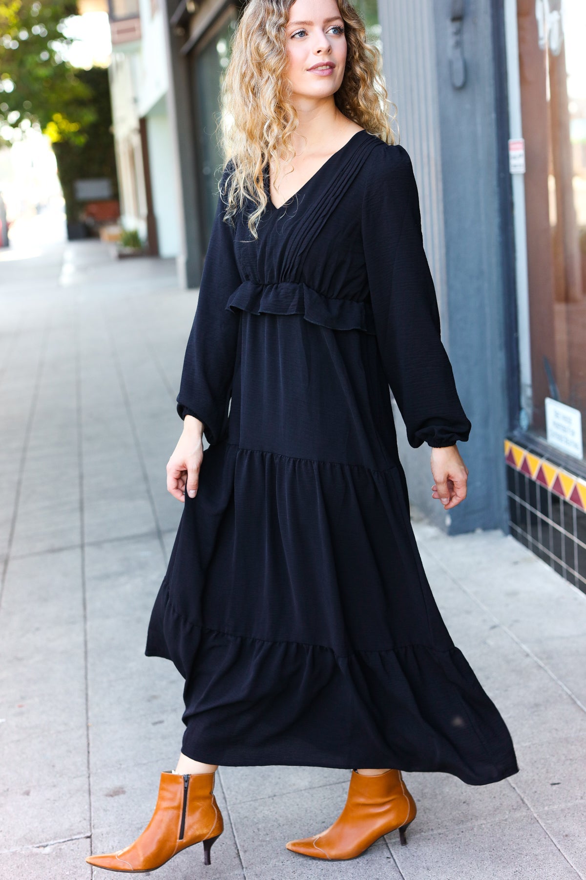 Beautiful You Black Pintuck Detail Frill V Neck Maxi Dress-Modish Lily, Tecumseh Michigan