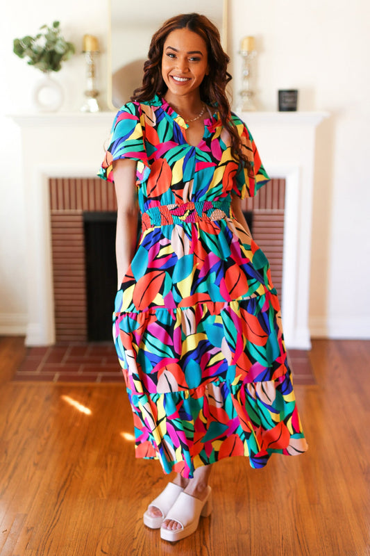 Be Bold Multicolor Abstract Tropical Print Smocked Waist Maxi Dress-Modish Lily, Tecumseh Michigan