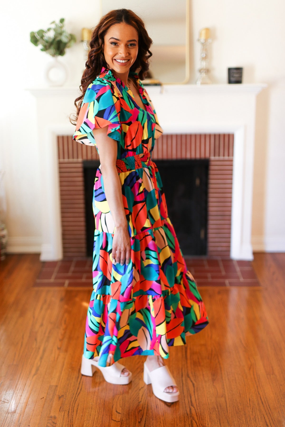 Be Bold Multicolor Abstract Tropical Print Smocked Waist Maxi Dress-Modish Lily, Tecumseh Michigan