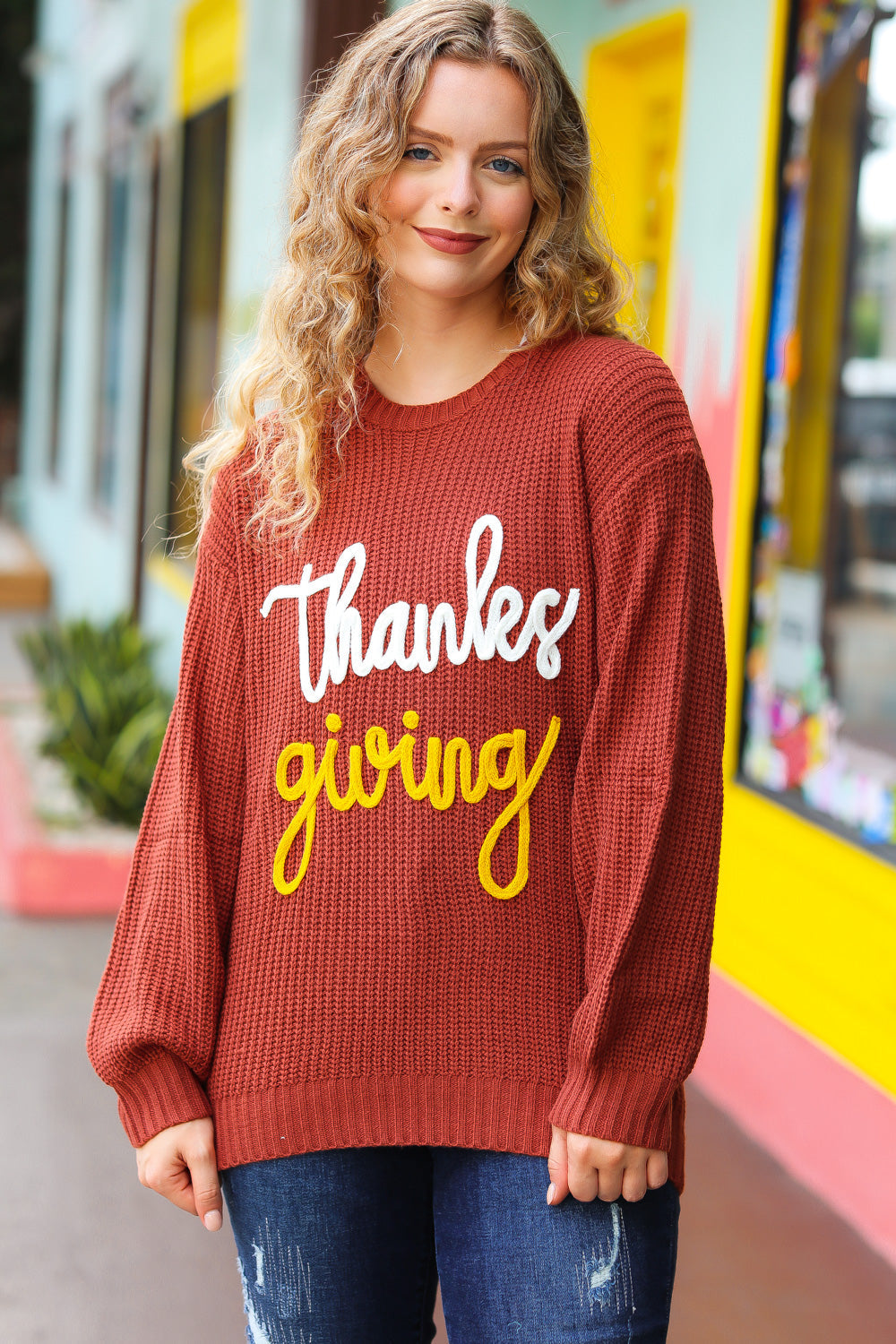 All I Want Thanksgiving Pop Up Embroidery Chunky Sweater-Modish Lily, Tecumseh Michigan