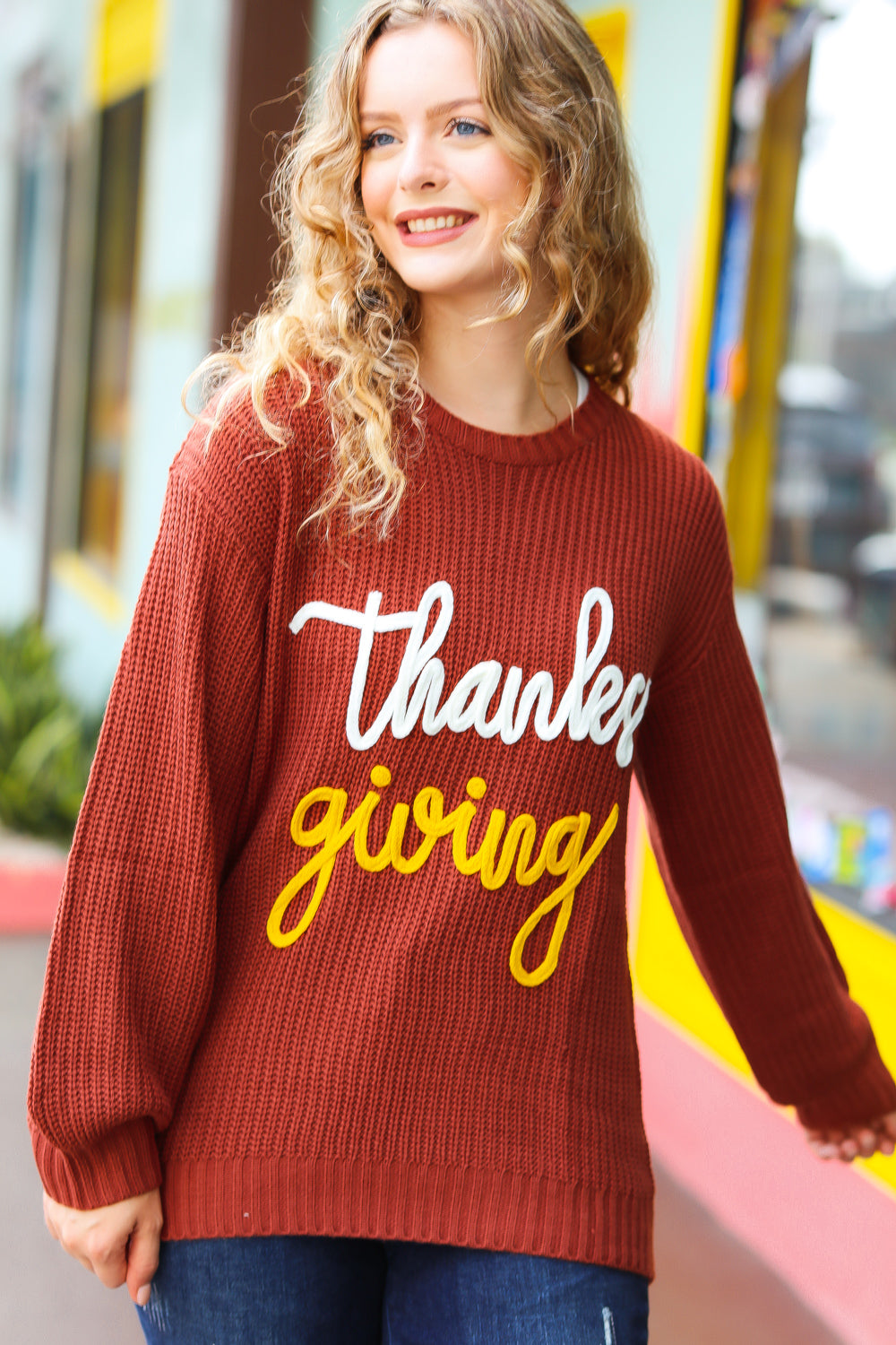 All I Want Thanksgiving Pop Up Embroidery Chunky Sweater-Modish Lily, Tecumseh Michigan