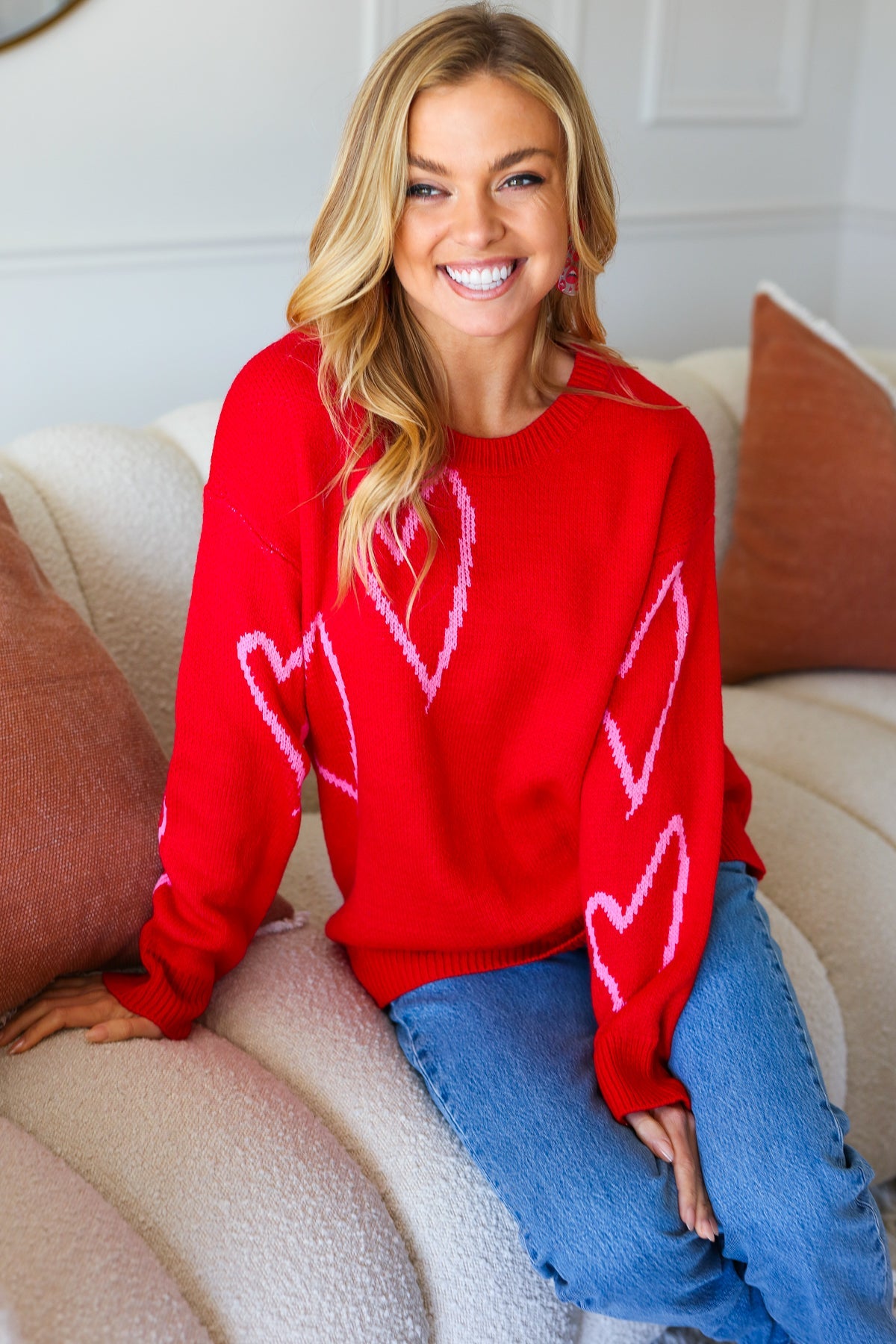 Make You Smile Red Heart Jacquard Oversized Sweater-Modish Lily, Tecumseh Michigan