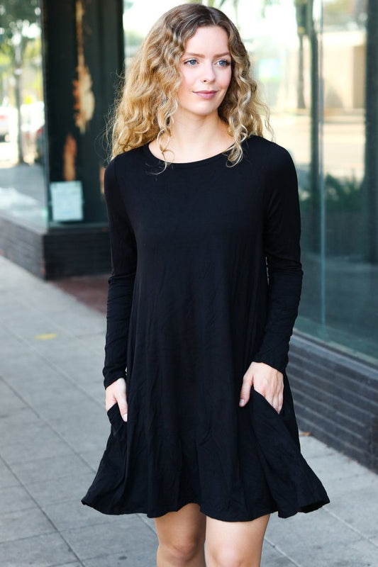 Classic Elegance Black Long Sleeve Shift Knit Dress-Modish Lily, Tecumseh Michigan