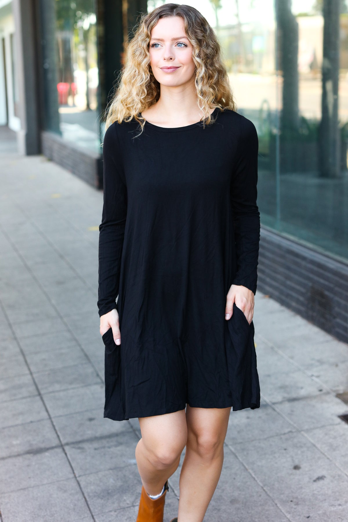 Classic Elegance Black Long Sleeve Shift Knit Dress-Modish Lily, Tecumseh Michigan