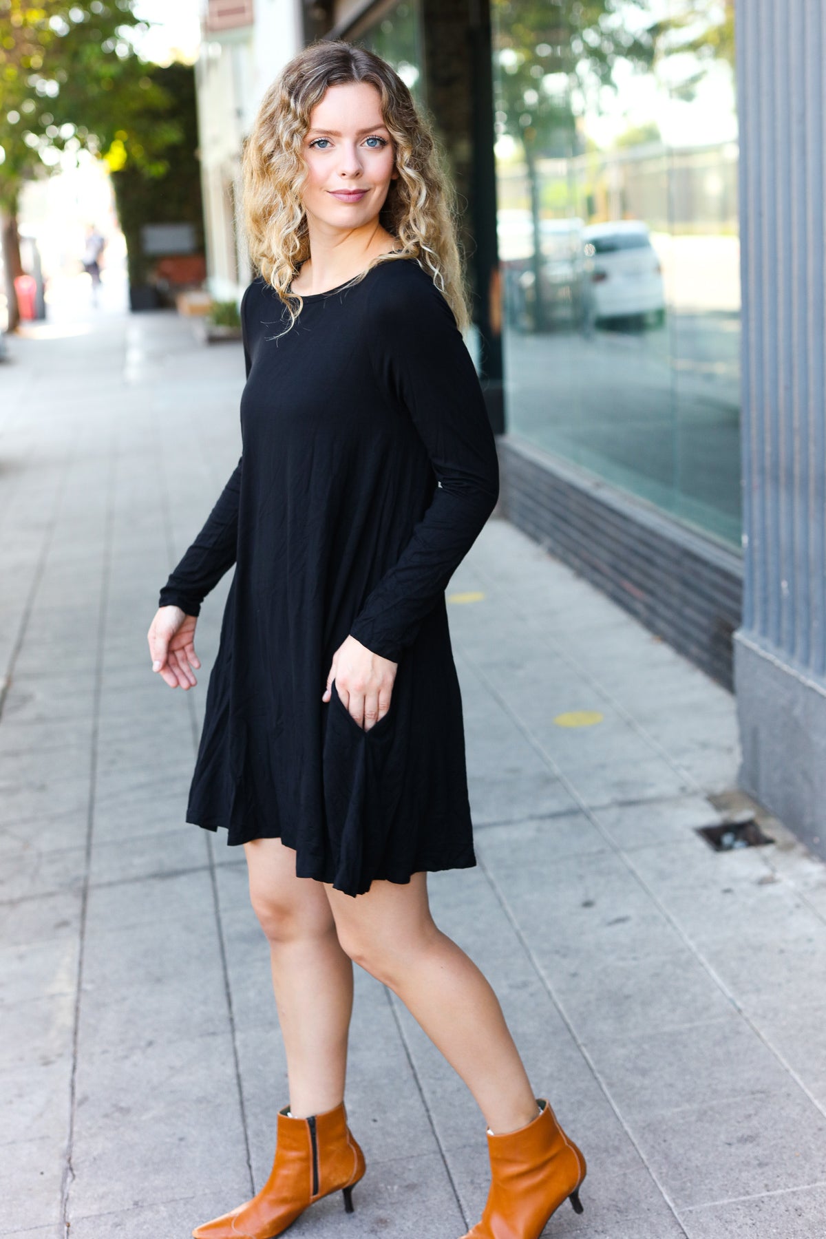 Classic Elegance Black Long Sleeve Shift Knit Dress-Modish Lily, Tecumseh Michigan