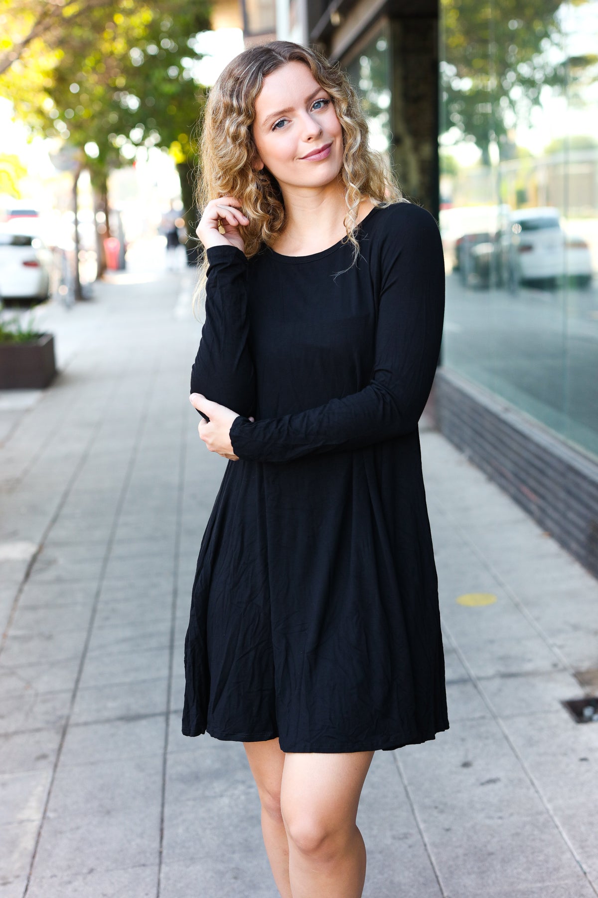 Classic Elegance Black Long Sleeve Shift Knit Dress-Modish Lily, Tecumseh Michigan