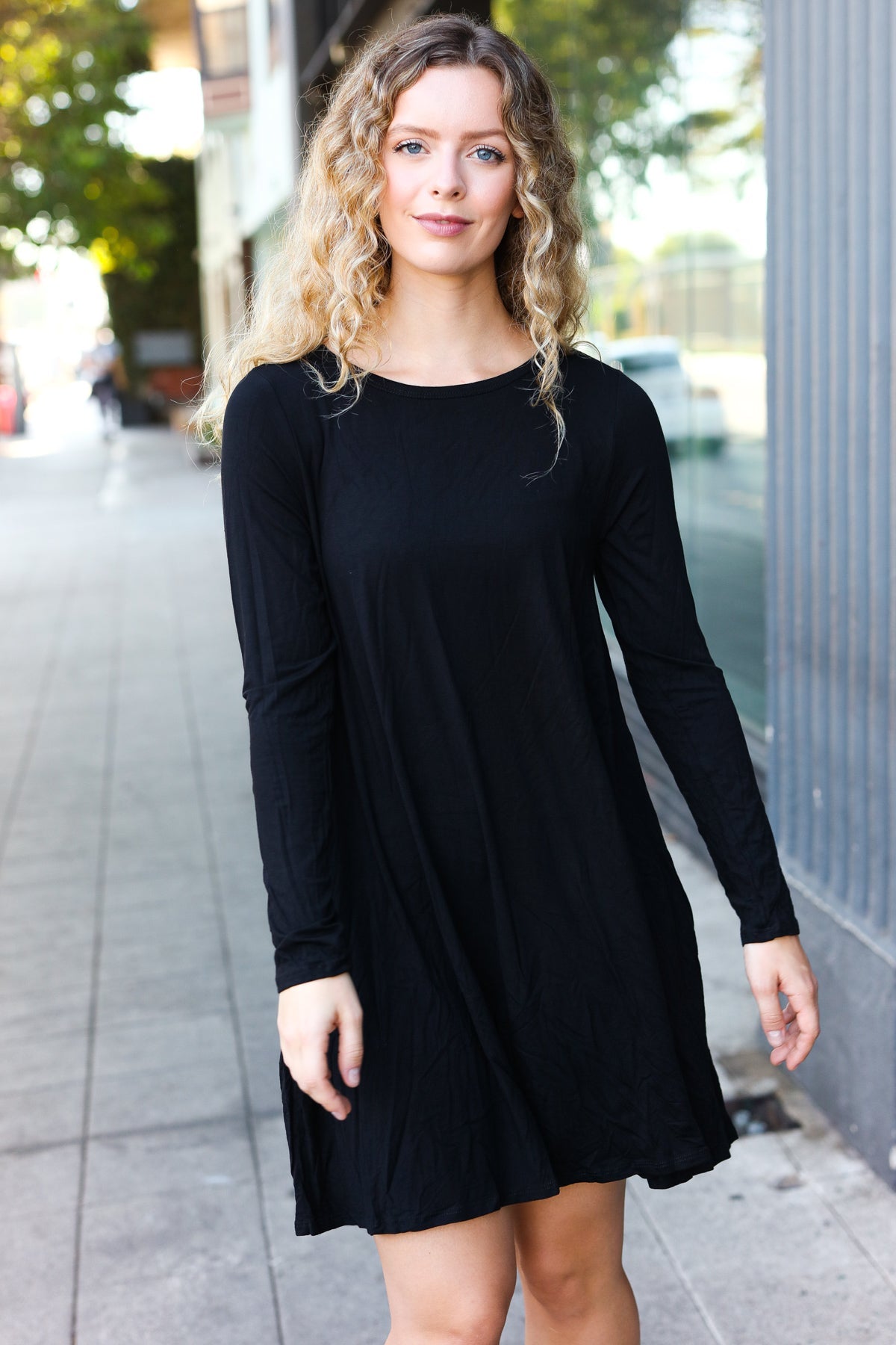 Classic Elegance Black Long Sleeve Shift Knit Dress-Modish Lily, Tecumseh Michigan