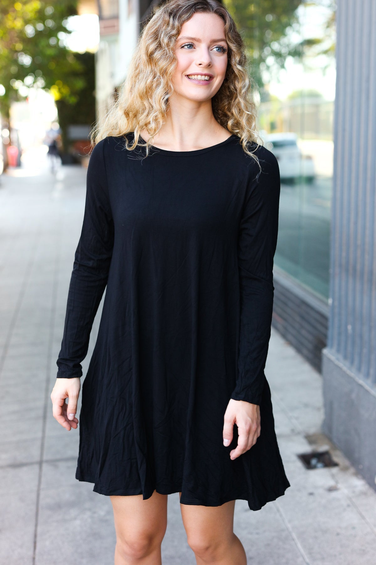 Classic Elegance Black Long Sleeve Shift Knit Dress-Modish Lily, Tecumseh Michigan