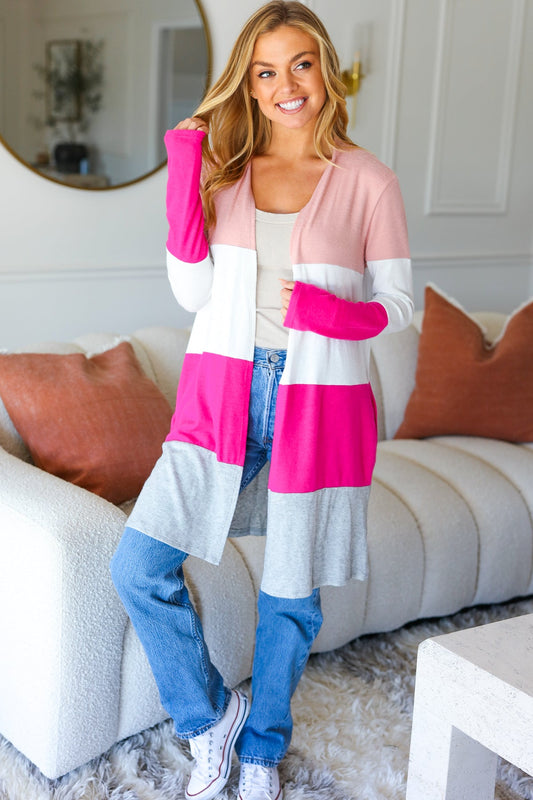 Face The Day Blush Wide Stripe Hacci Colorblock Cardigan-Modish Lily, Tecumseh Michigan