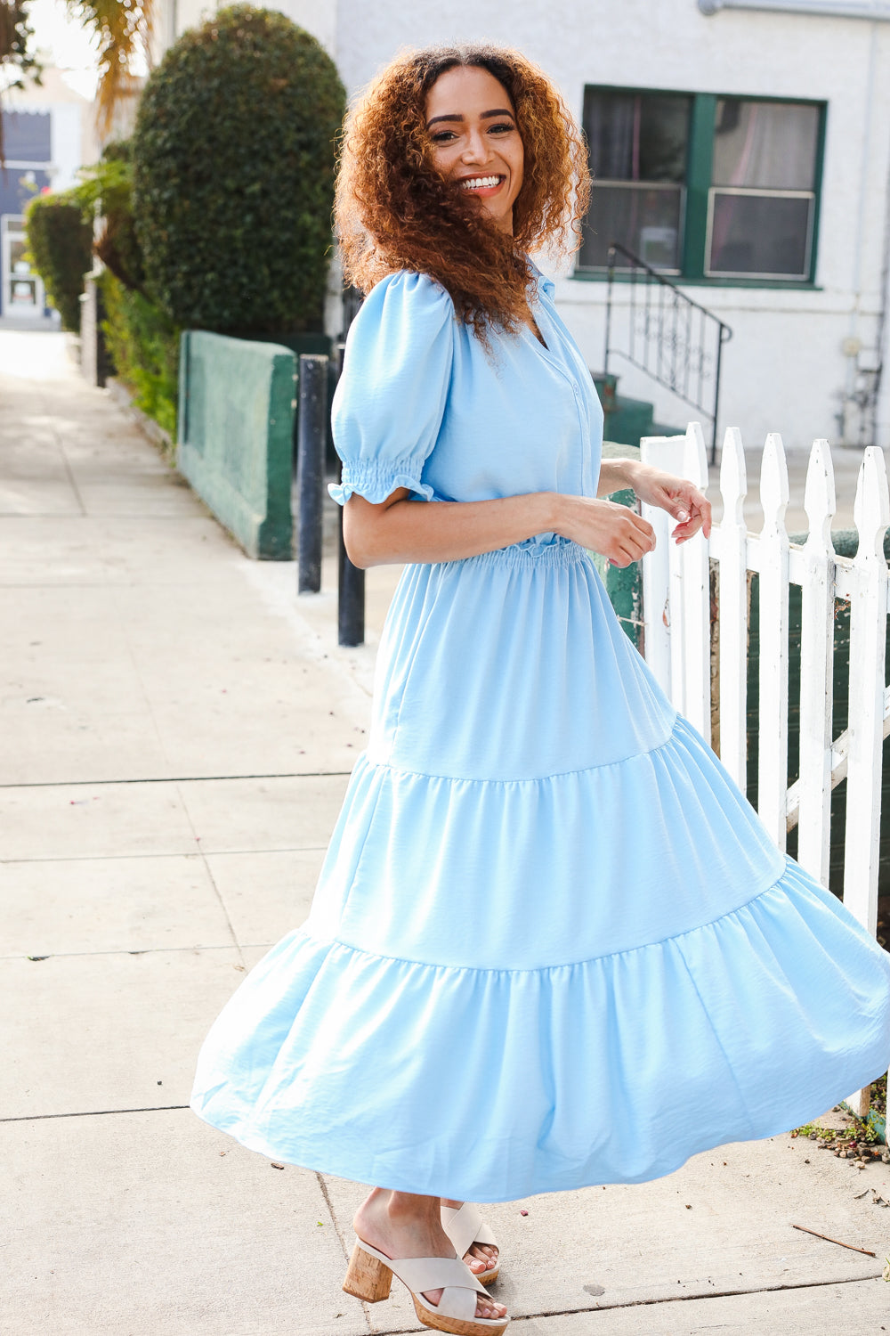 Follow Me Aqua Frill Notch Neck Shirred Waist Tiered Maxi Dress-Modish Lily, Tecumseh Michigan