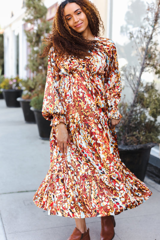 Feeling Femme Mocha Floral Print V Neck Satin Maxi Dress-2024 Blow-Out Sale-Modish Lily, Tecumseh Michigan