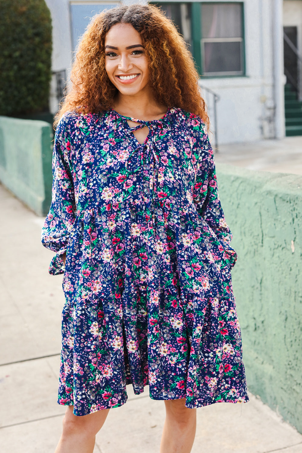 Feeling Joyful Navy Floral Bow Tie Babydoll Long Ruffle Sleeve Dress-Modish Lily, Tecumseh Michigan