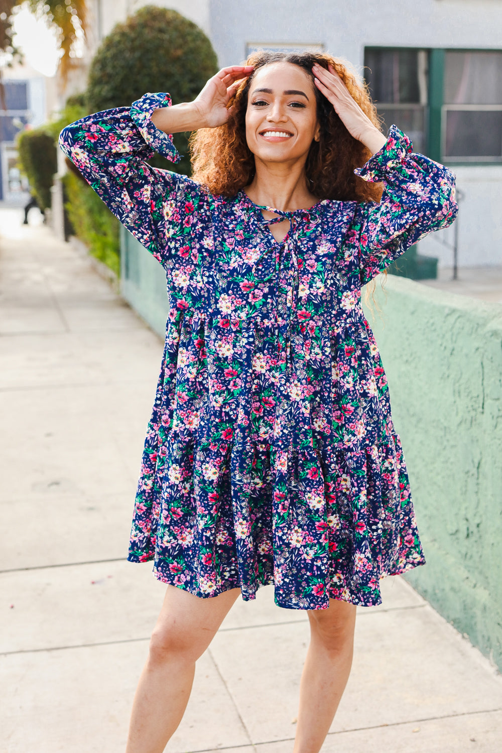 Feeling Joyful Navy Floral Bow Tie Babydoll Long Ruffle Sleeve Dress-Modish Lily, Tecumseh Michigan