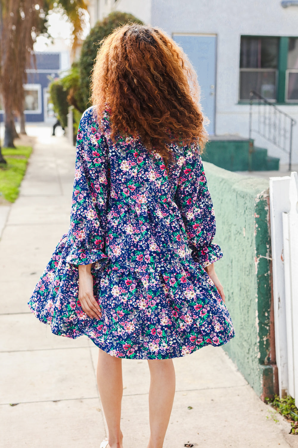 Feeling Joyful Navy Floral Bow Tie Babydoll Long Ruffle Sleeve Dress-Modish Lily, Tecumseh Michigan