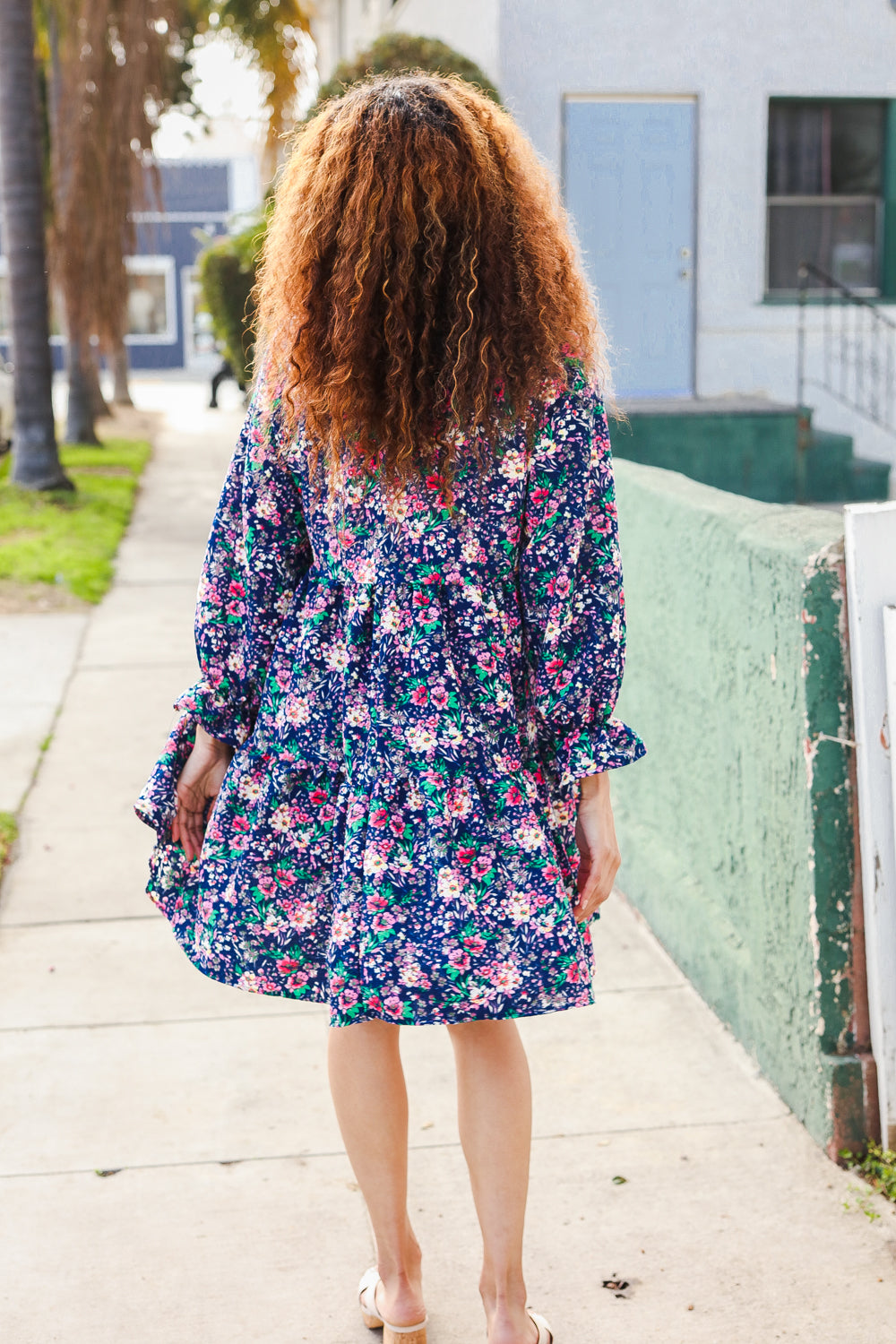 Feeling Joyful Navy Floral Bow Tie Babydoll Long Ruffle Sleeve Dress-Modish Lily, Tecumseh Michigan