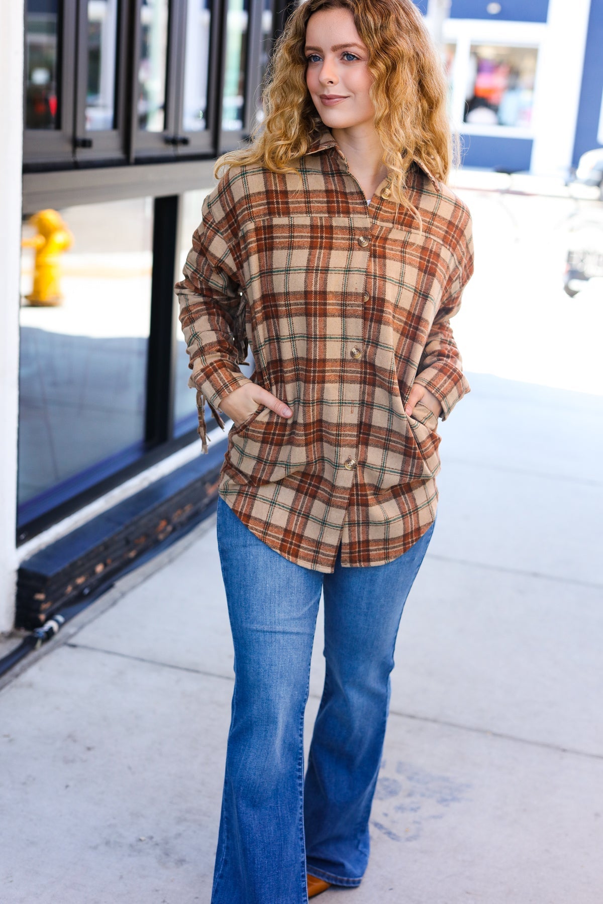 Boldly You Taupe & Rust Flannel Plaid Fringe Jacket-2024 Blow-Out Sale-Modish Lily, Tecumseh Michigan