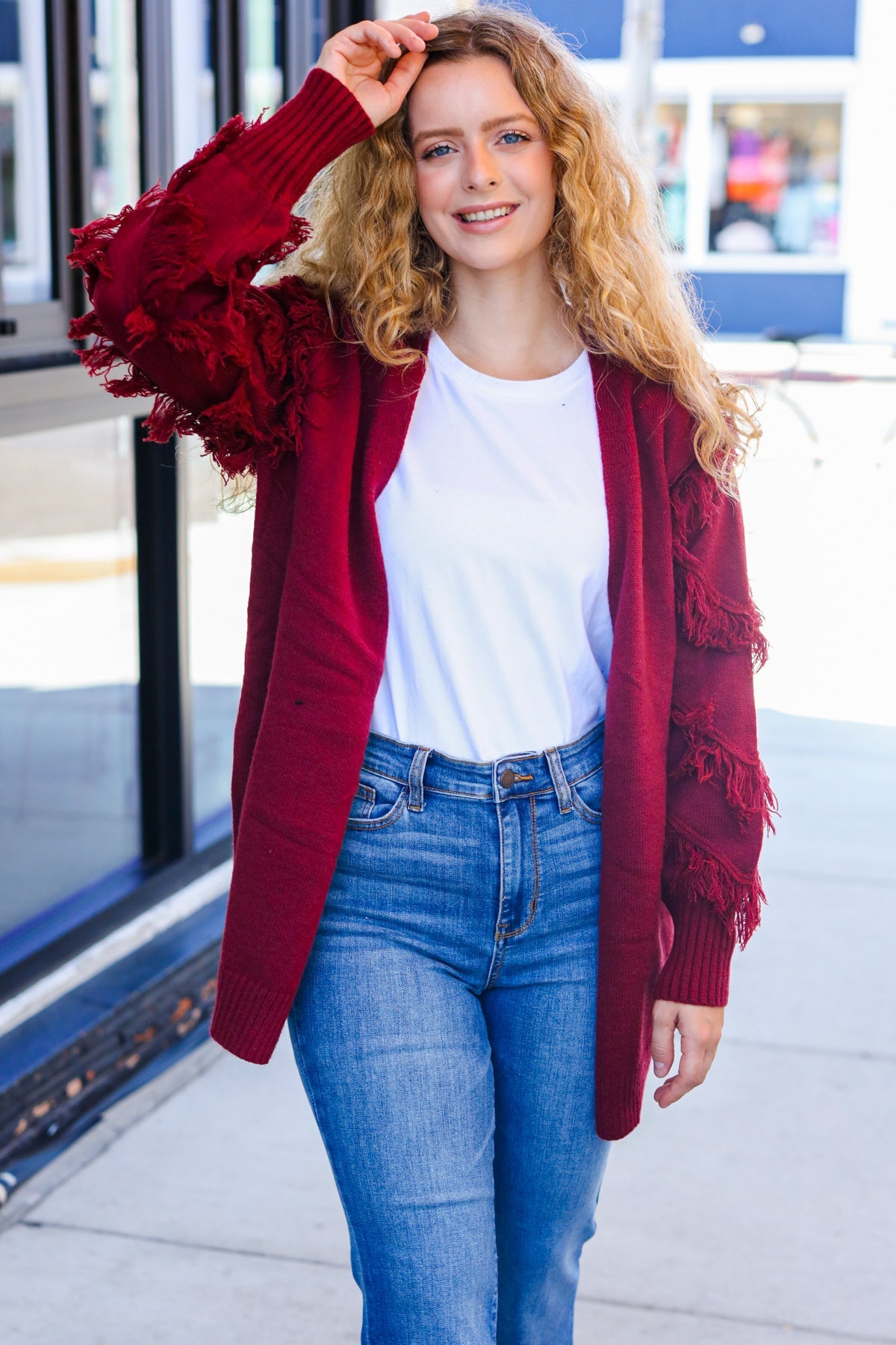 Beautiful You Burgundy Fringe Detail Knit Cardigan-Modish Lily, Tecumseh Michigan