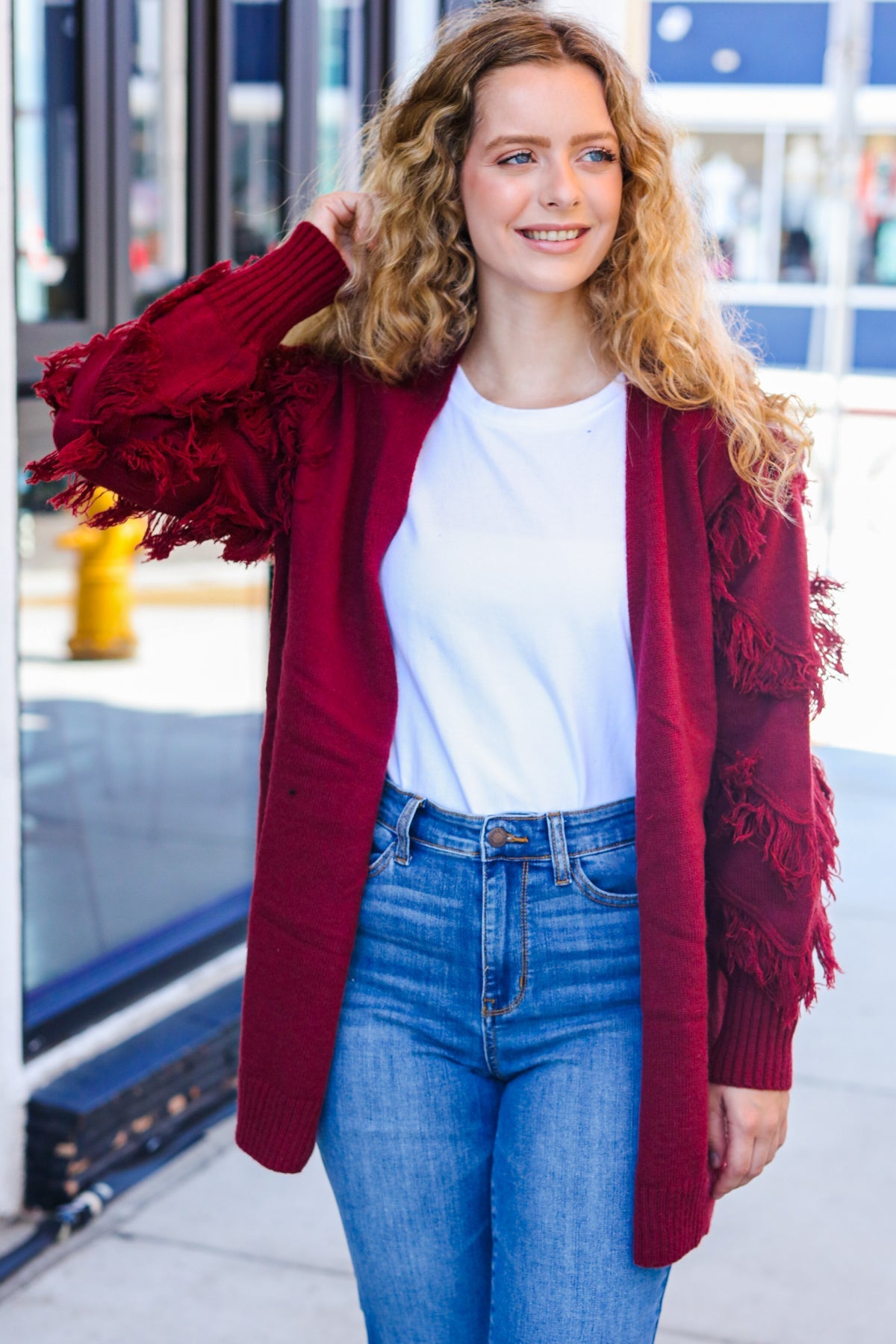 Beautiful You Burgundy Fringe Detail Knit Cardigan-Modish Lily, Tecumseh Michigan