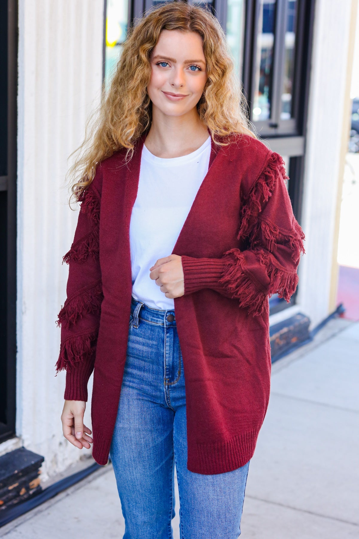 Beautiful You Burgundy Fringe Detail Knit Cardigan-Modish Lily, Tecumseh Michigan