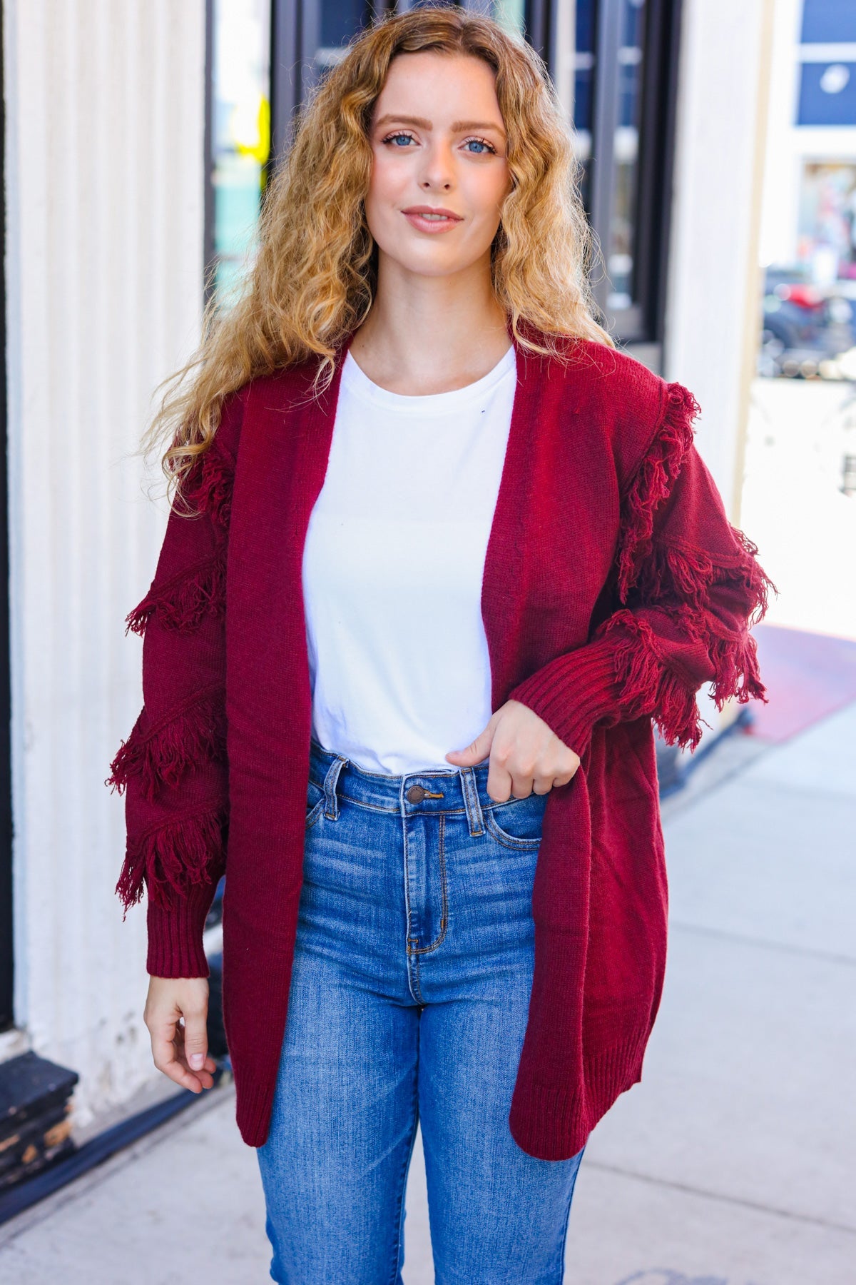 Beautiful You Burgundy Fringe Detail Knit Cardigan-Modish Lily, Tecumseh Michigan