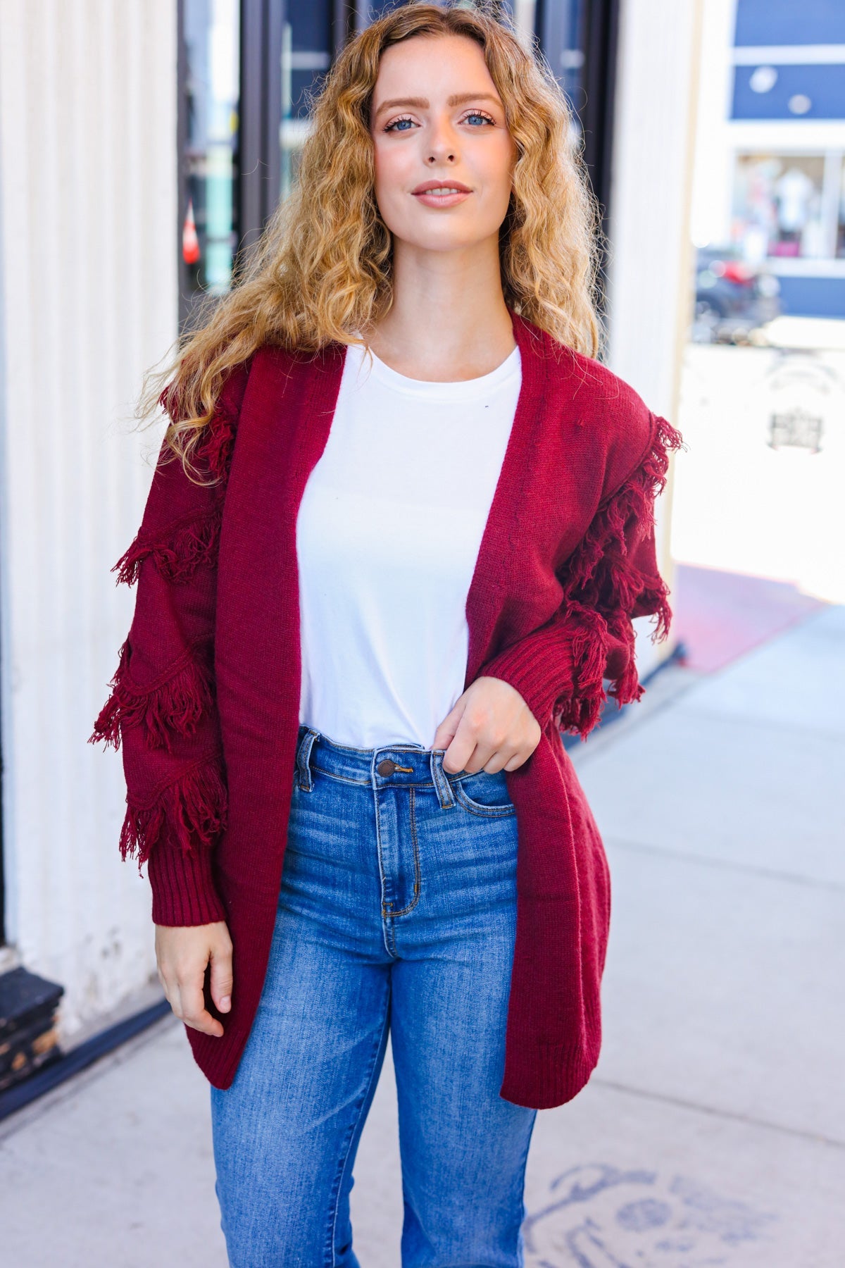 Beautiful You Burgundy Fringe Detail Knit Cardigan-Modish Lily, Tecumseh Michigan