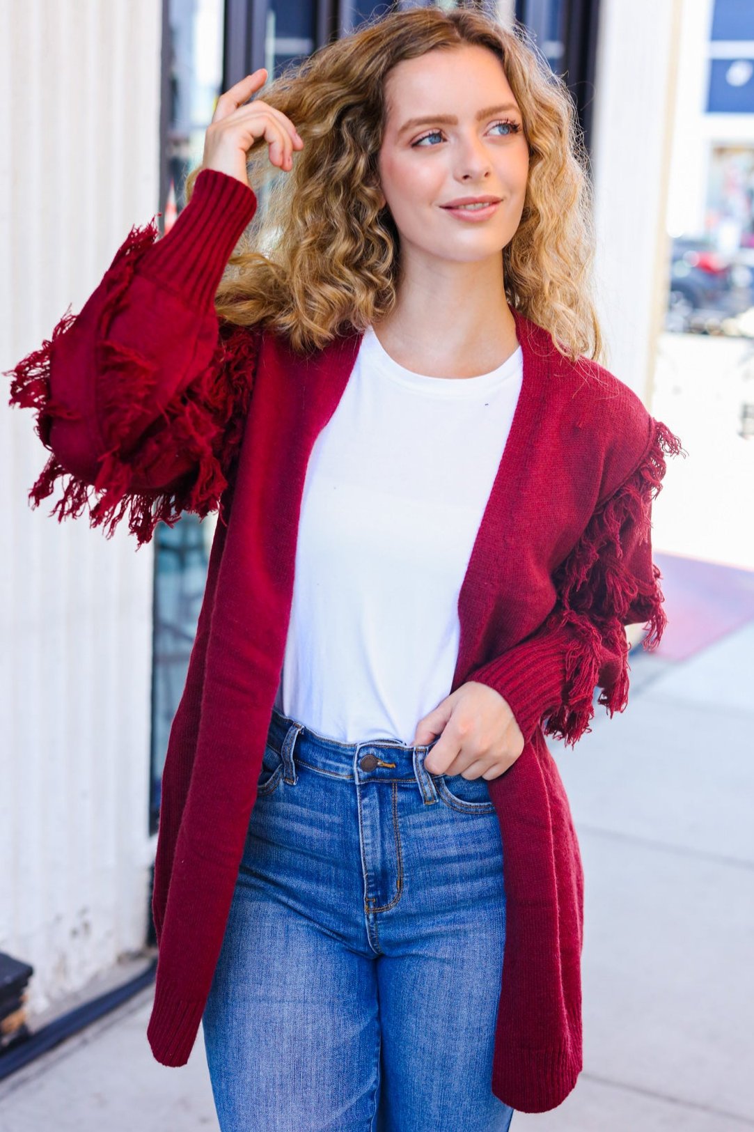 Beautiful You Burgundy Fringe Detail Knit Cardigan-Modish Lily, Tecumseh Michigan