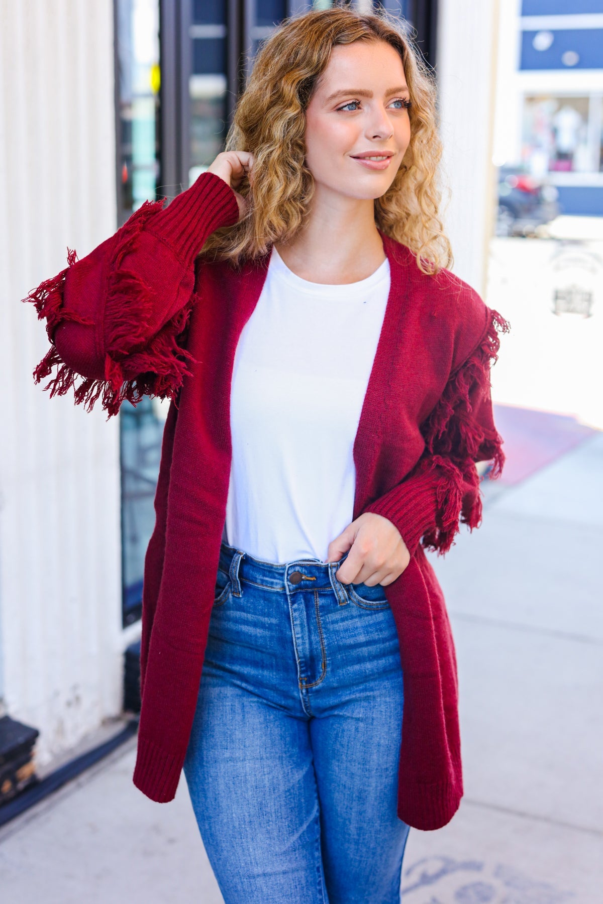 Beautiful You Burgundy Fringe Detail Knit Cardigan-Modish Lily, Tecumseh Michigan