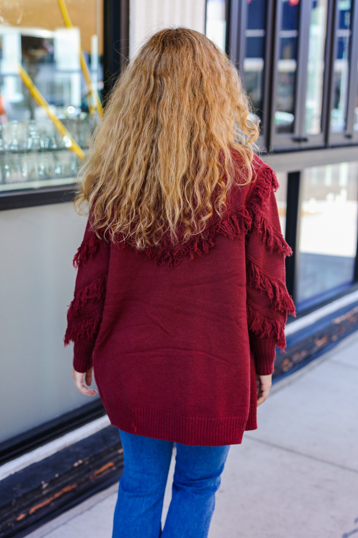 Beautiful You Burgundy Fringe Detail Knit Cardigan-Modish Lily, Tecumseh Michigan