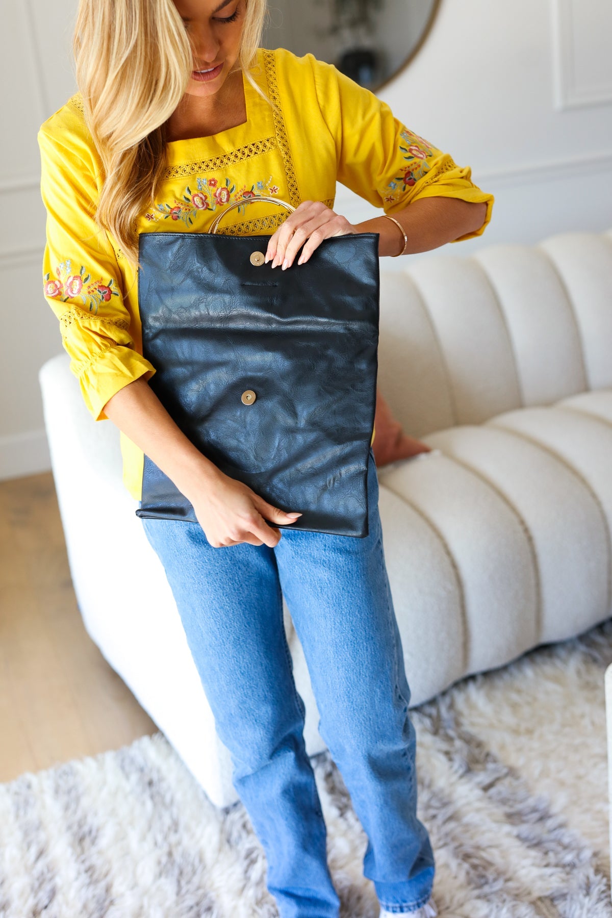 Black Fold Over Gold O-Ring Faux Leather Clutch-2024 Summer Blow Out Sale-Modish Lily, Tecumseh Michigan