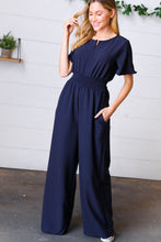 Load image into Gallery viewer, Dark Blue Smocked Waist Notch Neck Crepe Jumpsuit-Modish Lily, Tecumseh Michigan

