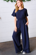 Load image into Gallery viewer, Dark Blue Smocked Waist Notch Neck Crepe Jumpsuit-Modish Lily, Tecumseh Michigan
