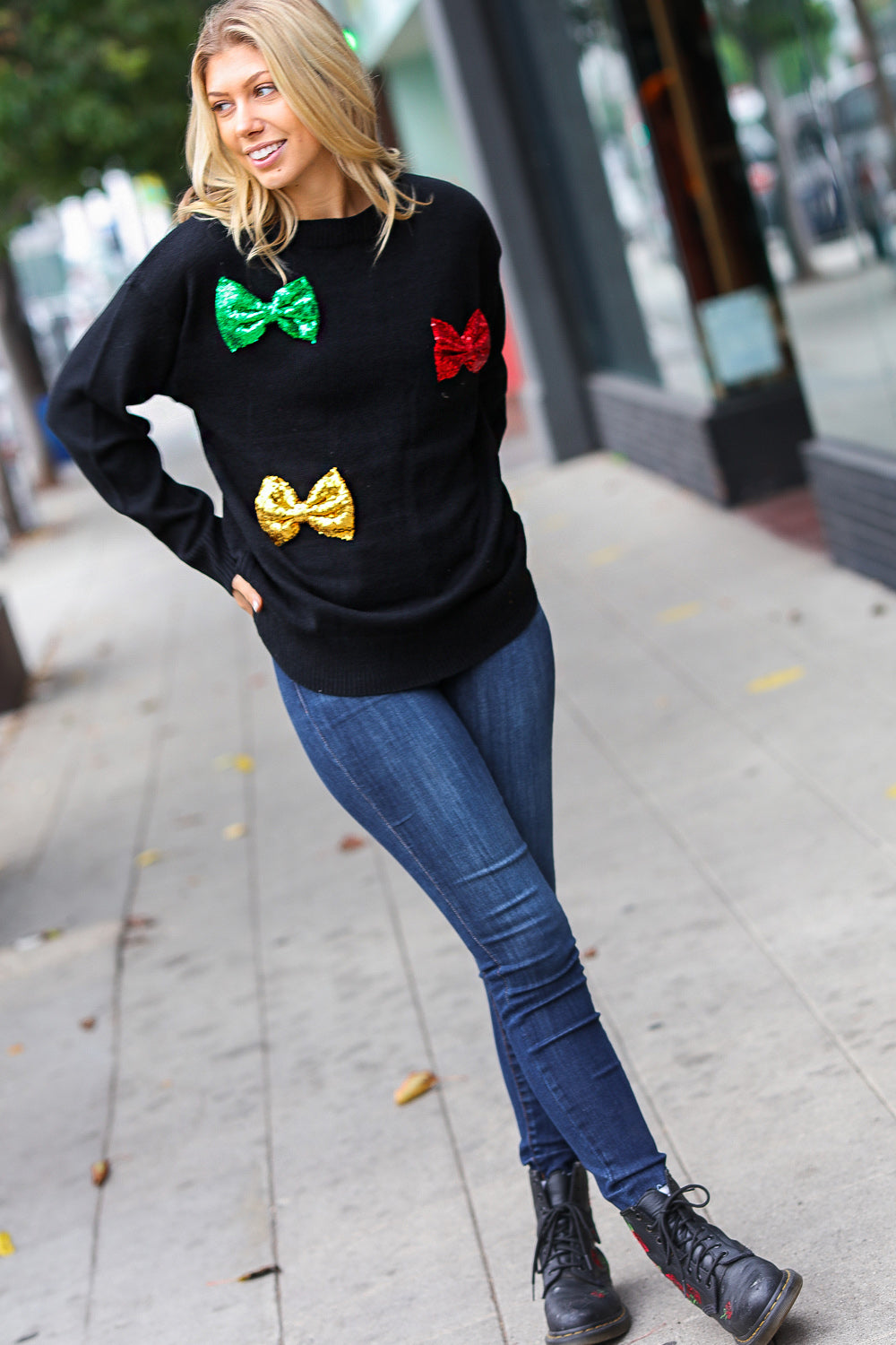 Be Merry Black Multicolor Sequin Bow Knit Sweater-Modish Lily, Tecumseh Michigan