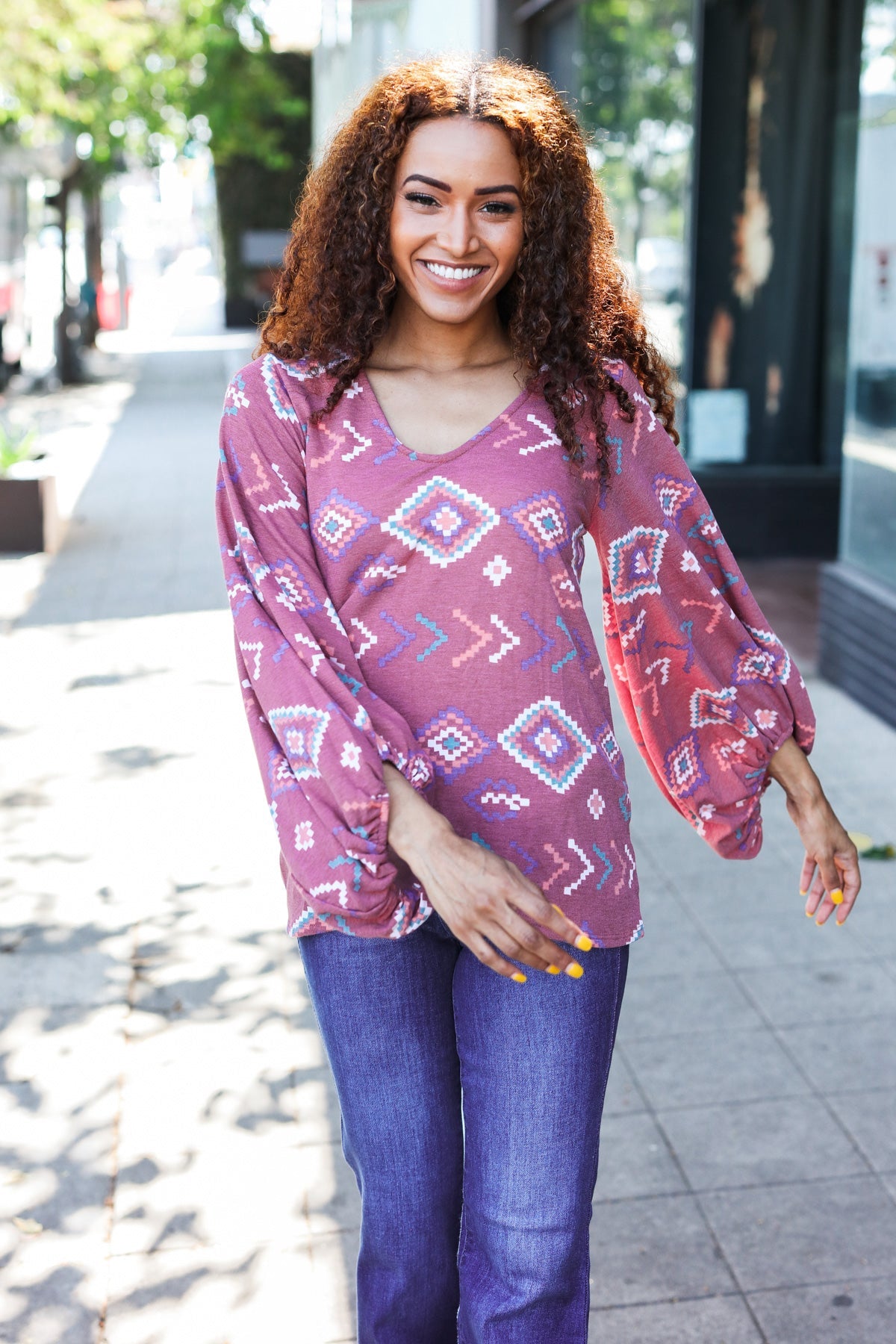 Boho Vibes Elastic Long Sleeve Aztec Print V Neck Pullover-Modish Lily, Tecumseh Michigan