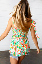 Load image into Gallery viewer, Orange &amp; Green Geometric Smocked Shoulder Tie Top-Modish Lily, Tecumseh Michigan
