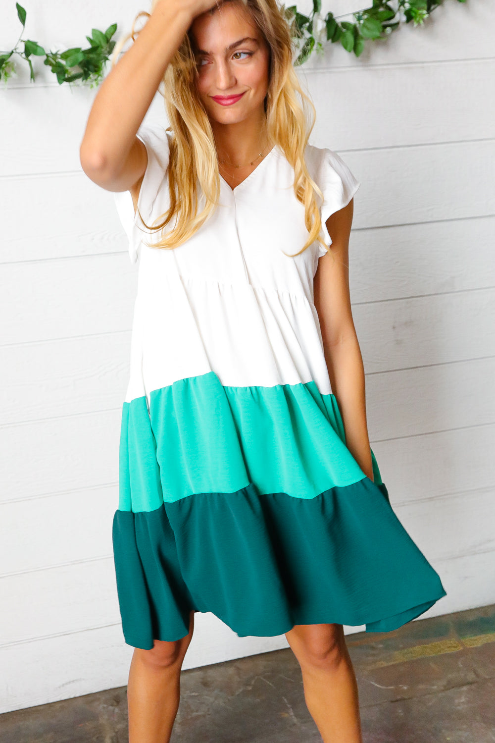 Seafoam & Emerald Tiered Frill Sleeve Midi Dress-Modish Lily, Tecumseh Michigan