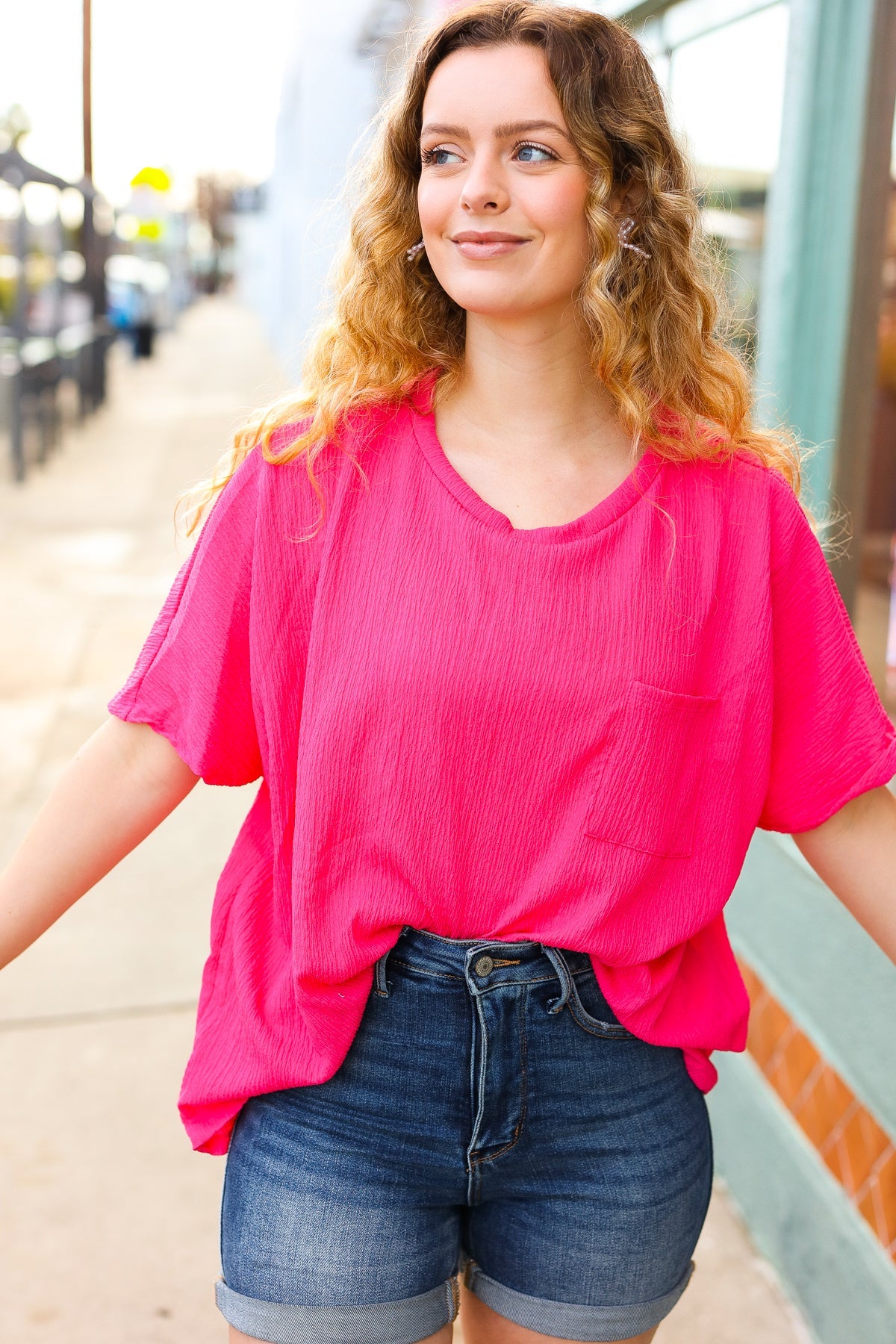 Be Bold Coral Crinkle Texture Pocketed Dolman Top-2024 Summer Blow Out Sale-Modish Lily, Tecumseh Michigan