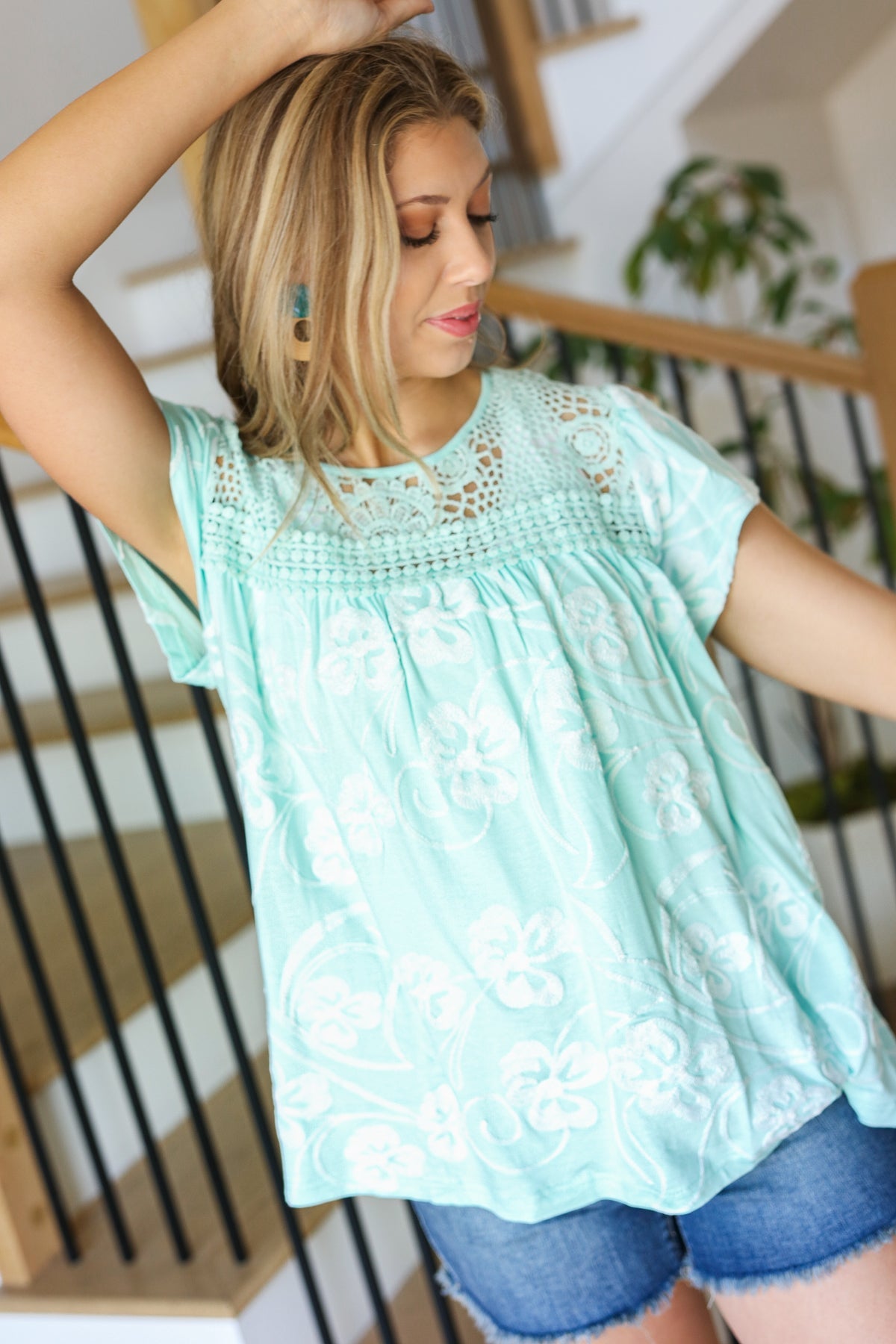 Lovely In Aqua Embroidered Flutter Sleeve Woven Top-Modish Lily, Tecumseh Michigan