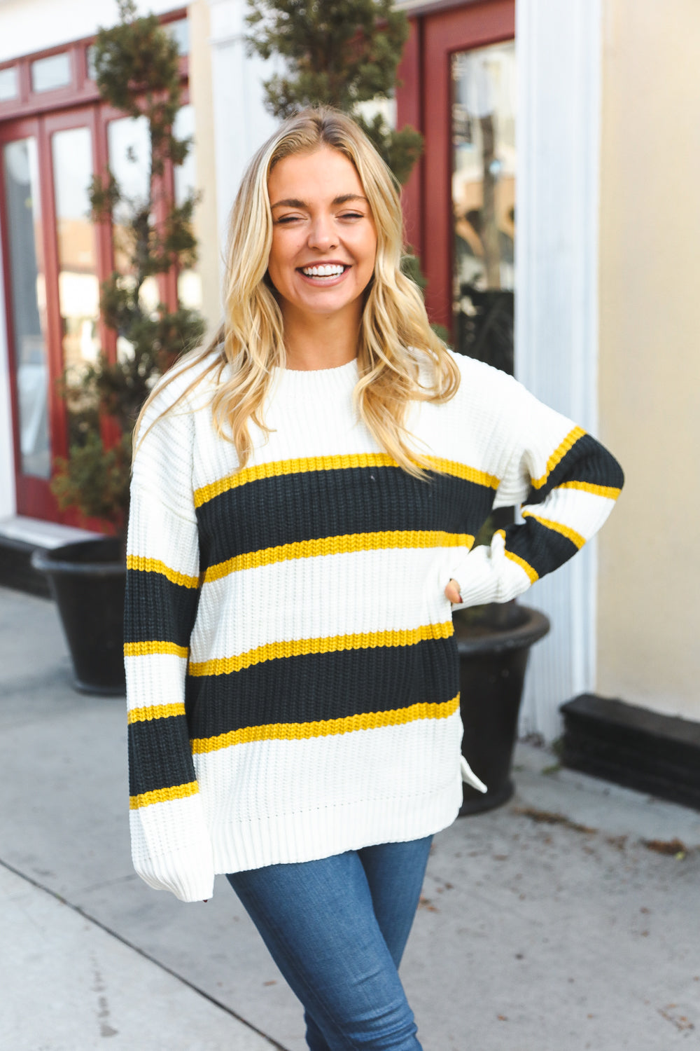 Casual Chic Yellow & Ivory Stripe Oversize Knit Sweater-Modish Lily, Tecumseh Michigan