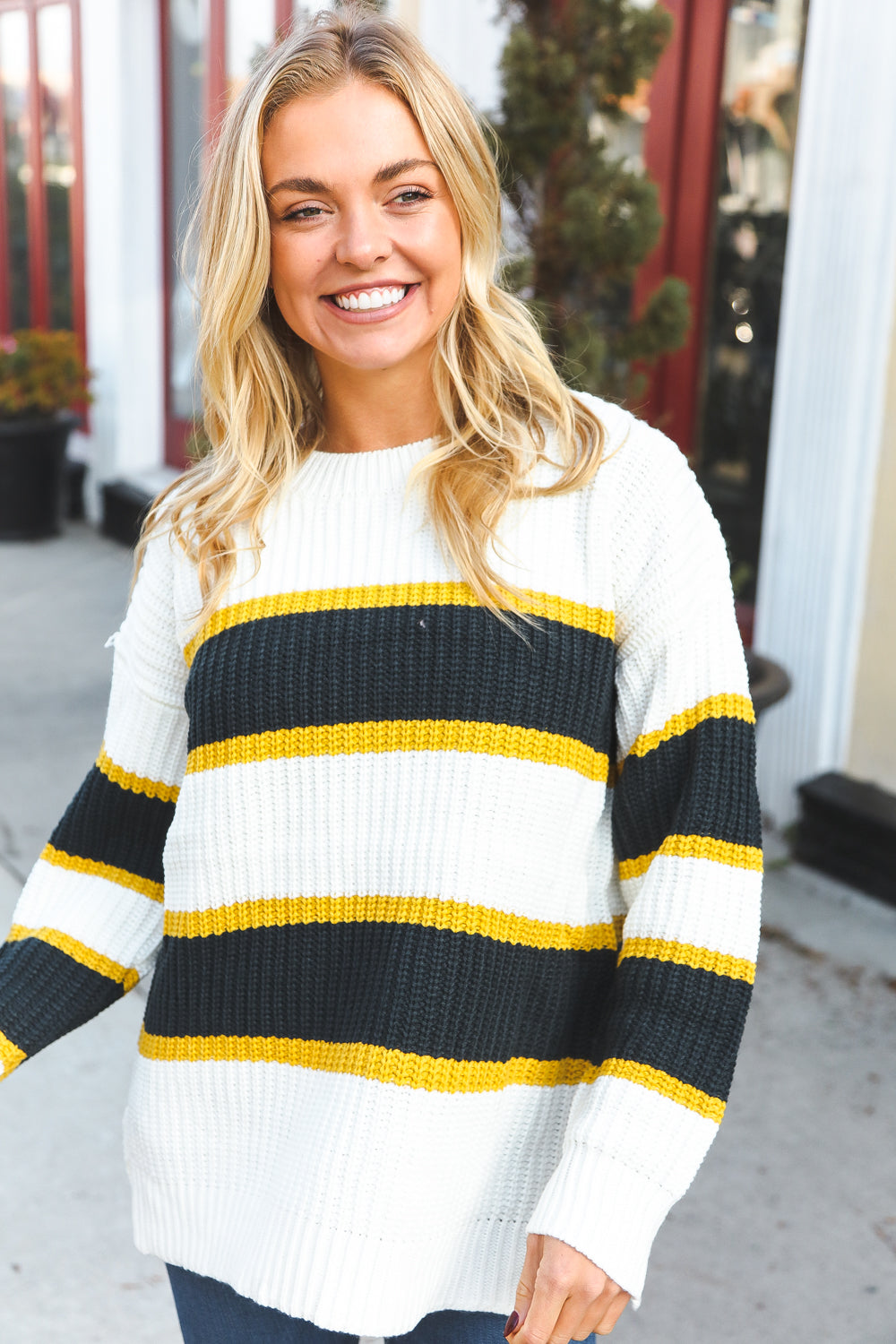 Casual Chic Yellow & Ivory Stripe Oversize Knit Sweater-Modish Lily, Tecumseh Michigan