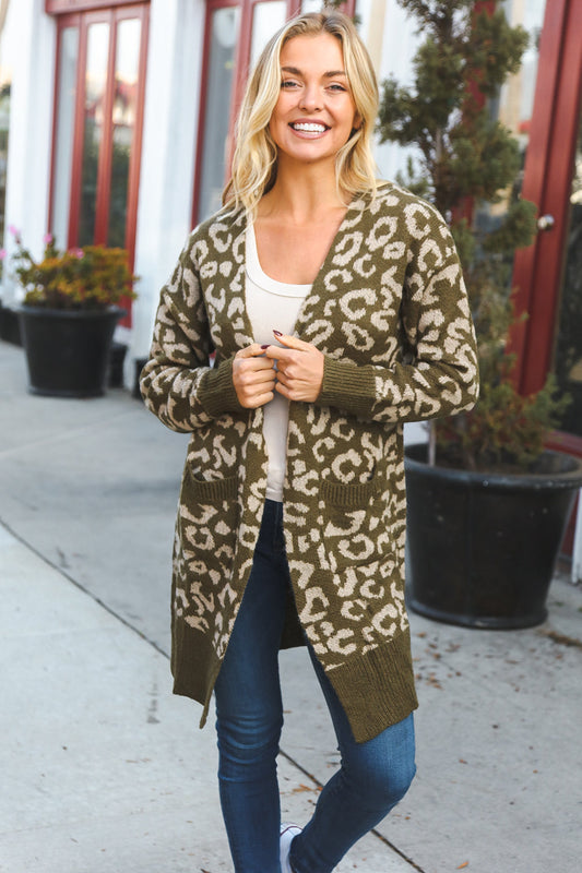 Boldly You Olive Fury Knit Animal Print Ribbed Open Cardigan-Modish Lily, Tecumseh Michigan