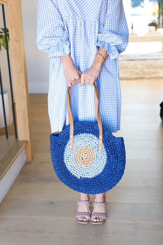 Blue Raffia Woven Circle Lined Bag-Modish Lily, Tecumseh Michigan