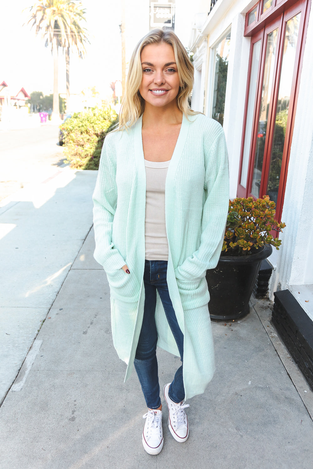 Perfectly You Mint Brushed Ribb Front Pocket Open Cardigan-Modish Lily, Tecumseh Michigan