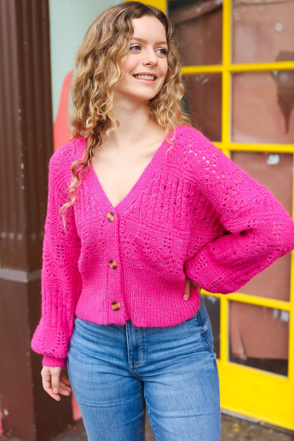 Pretty In Pink Button Down Pointelle Knit Cardigan-Modish Lily, Tecumseh Michigan