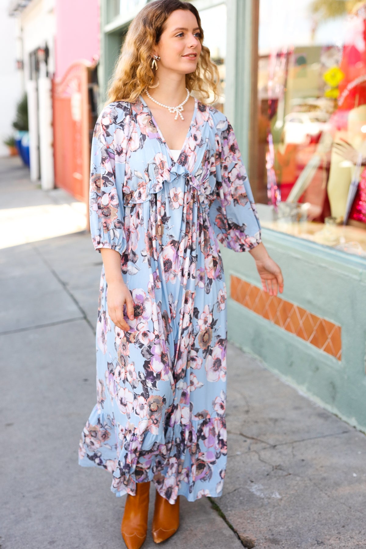 Longing For You Powder Blue Floral V Neck Ruffle Maxi Dress-Modish Lily, Tecumseh Michigan