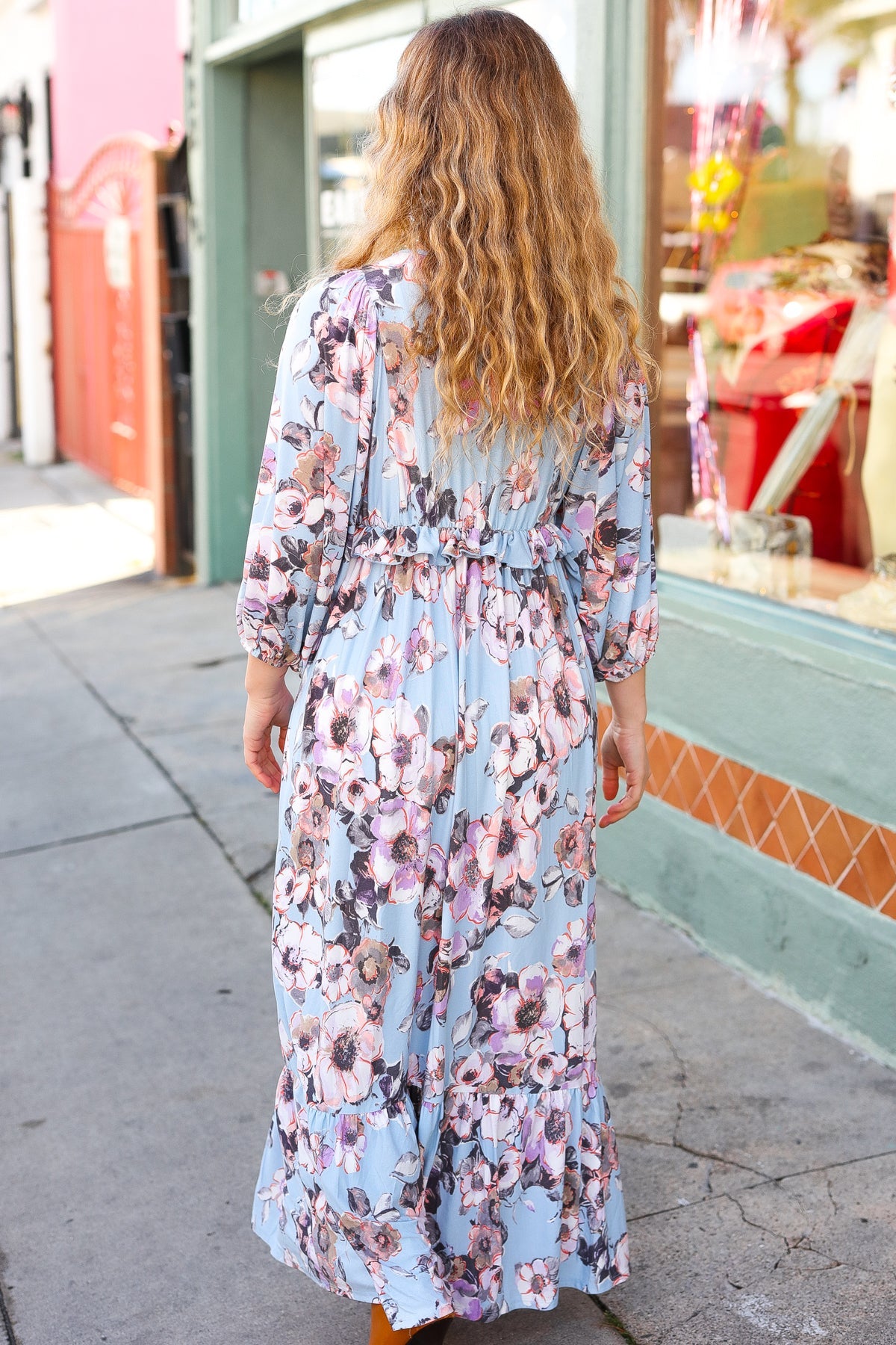 Longing For You Powder Blue Floral V Neck Ruffle Maxi Dress-Modish Lily, Tecumseh Michigan